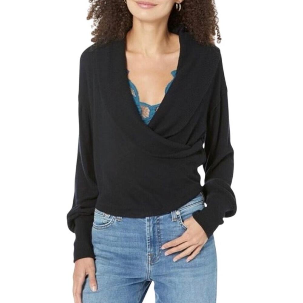 Free People We The Free Black Sweater Hold Me Close Black Drape Top NWT small